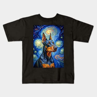 Doberman Pinscher Dog Breed Painting in a Van Gogh Starry Night Art Style Kids T-Shirt